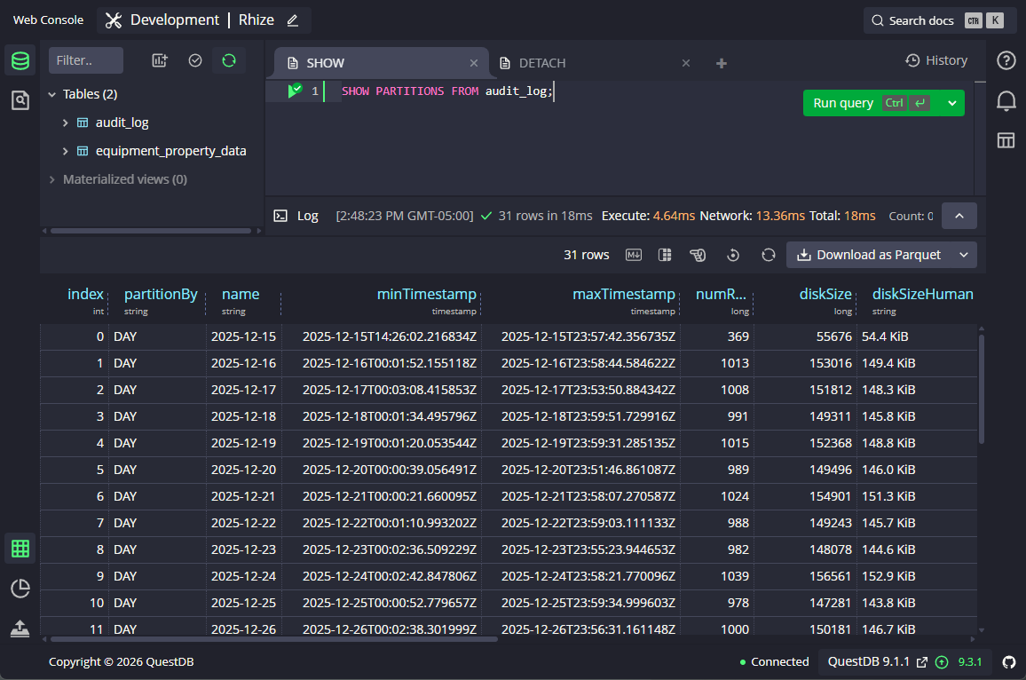 QuestDB Console Query - SHOW PARITIONS FROM audit_log;
